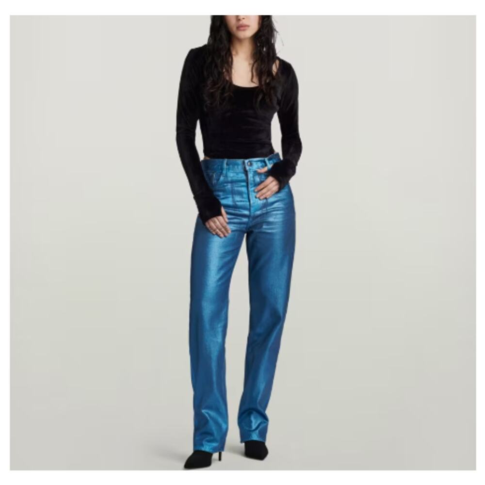 G-Star Raw Women's Luna Blue Metal Coating Viktoria High Straight Jeans Size 32
